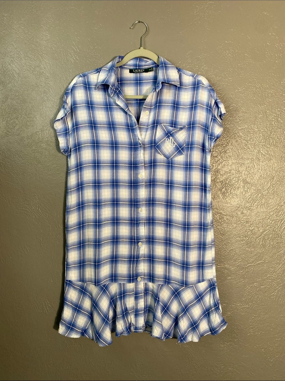 Lauren Ralph Lauren Women's Shirt Dress XS Blue White Plaid Button Down Ruffle H